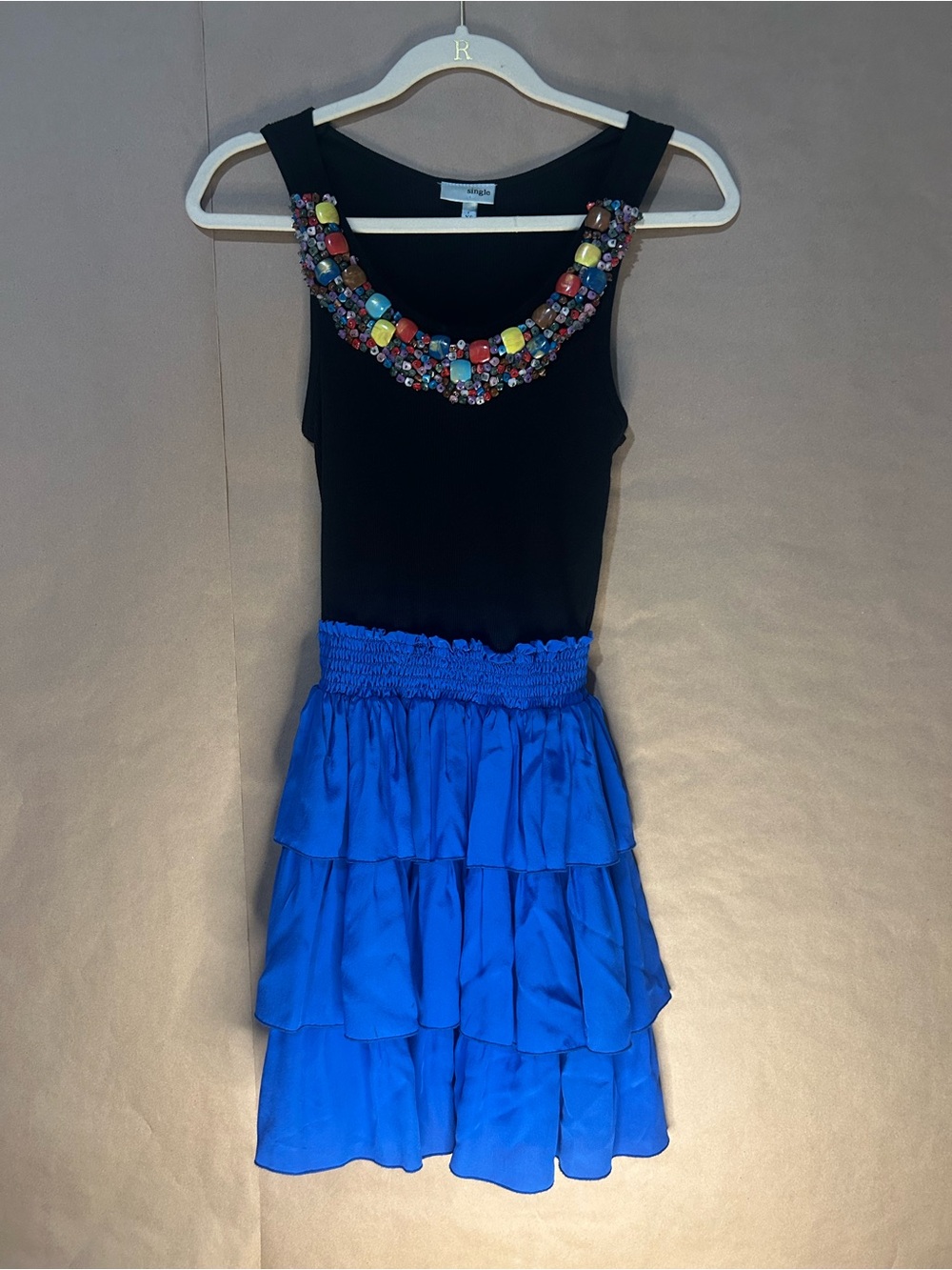 Girls Black & Royal Blue Tiered Dress with Beaded Neckline
